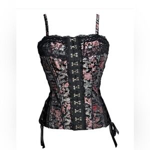TRIPP NYC Vintage Corset Woven Brocade Lace Red Black Zip Back, Large.
